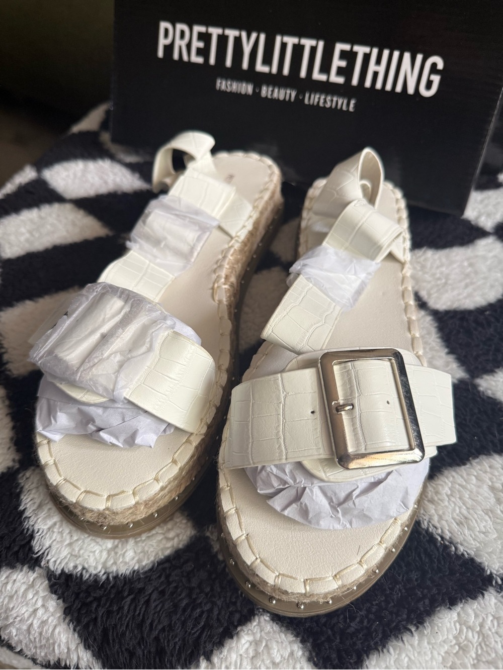 PrettyLittleThing Cream Croc-Effect Buckle Platform Sandals
